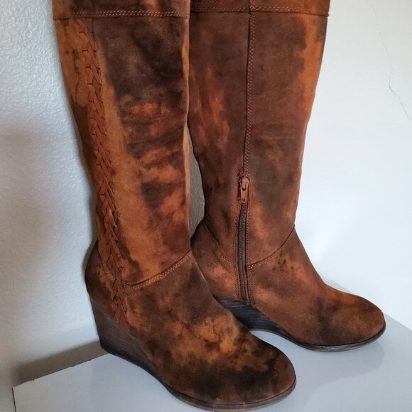 Leather suede wedge tall rodeo Western cowgirl Boot 10 1/2 11 brown black tan - Picture 1 of 13